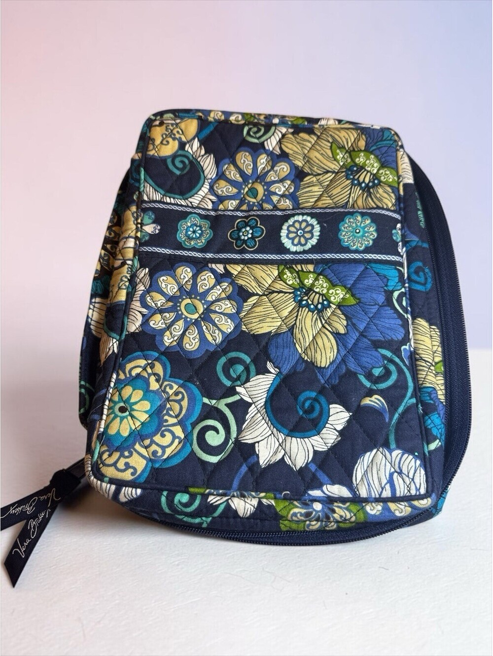 Vera Bradley Good Book Bible Cover Navy Turquoise Multi Zip Open Lay Flat 8"W